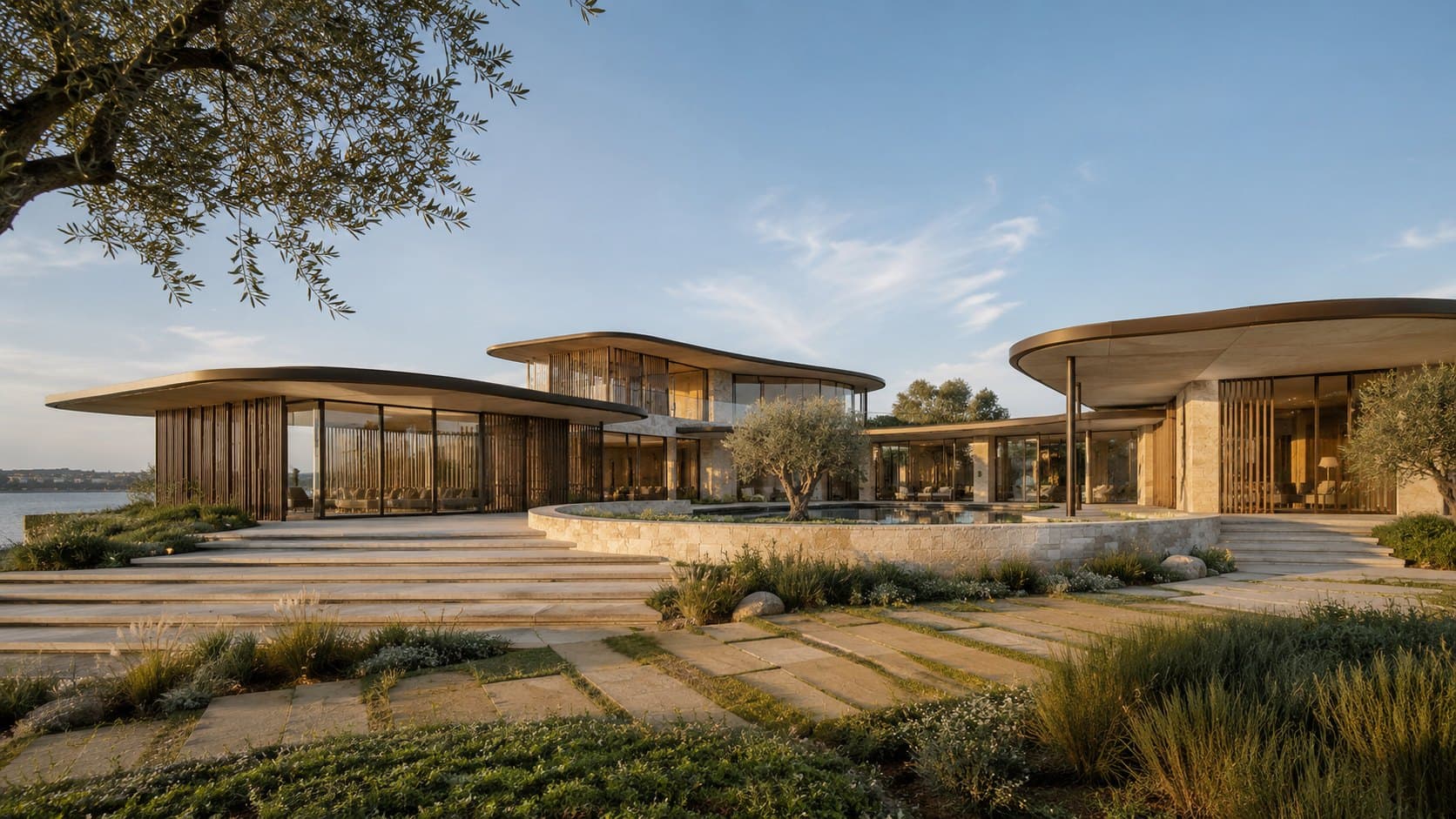 Elliptic Courtyard Residence, approach from the water